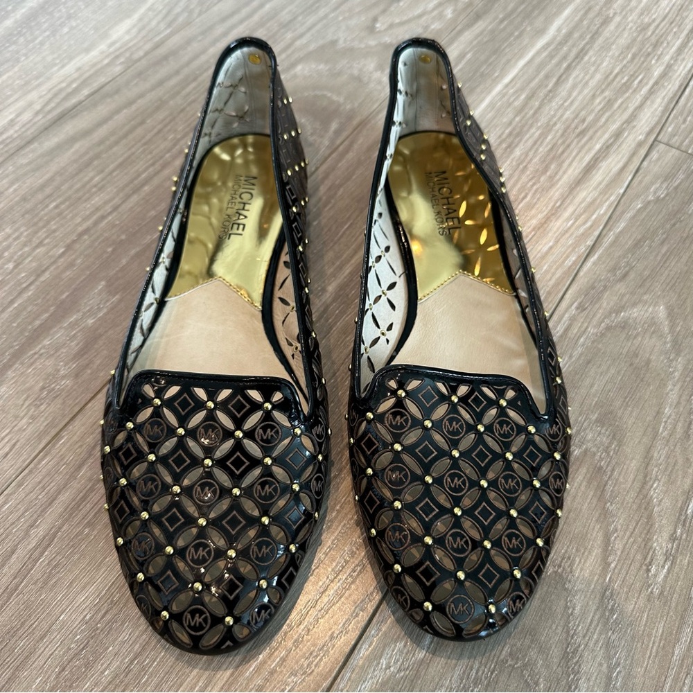 Michael Kors black and gold studded patent leather perforated loafers - Picture 3 of 8